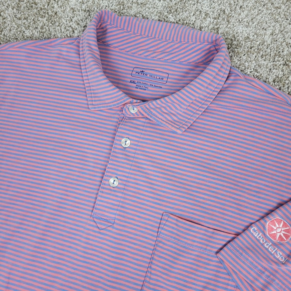 Peter Millar Mens 2XL Blue Red Striped Performance Stretch Polo Short Sleeve